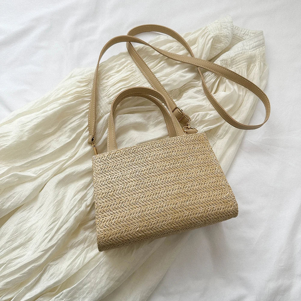 Rattan Woven Women Straw Bag Adjustable Shoulder Bag Handbag Knit Flower Summer Beach Woman Shoulder Messenger Khaki Beige Bags