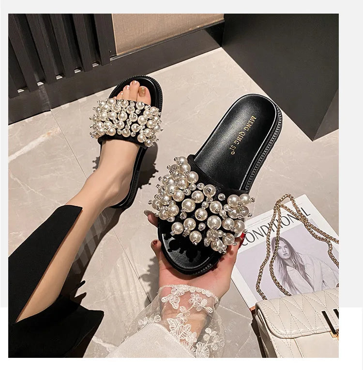 pearl rivets thick bottom women slippers crystal beading flip flops lace band platform sandalias mujer pearl slides big size 43