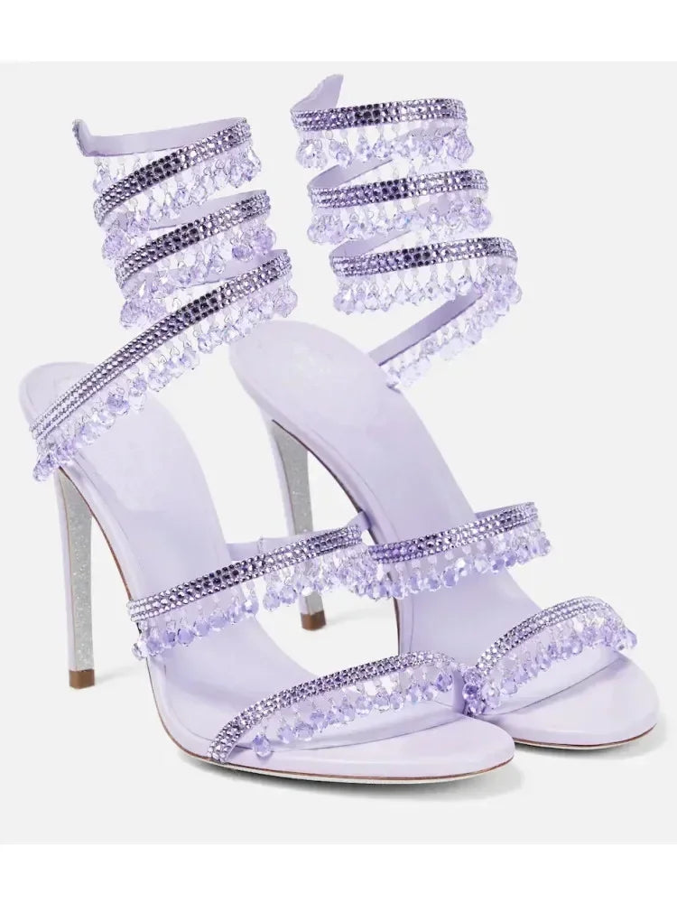 2025 Women's New Rhinestone Sandals Fashion Tassel Crystal Shoes Sexy Nightclub Banquet Party Twining Stiletto Women's Sandals