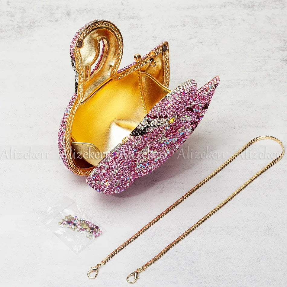 Alizekerr Swan Shaped Diamond Evening Bags New Gorgeous Sparkling Rhinestone Metallic Clutch Purses And Handbags Wedding Party