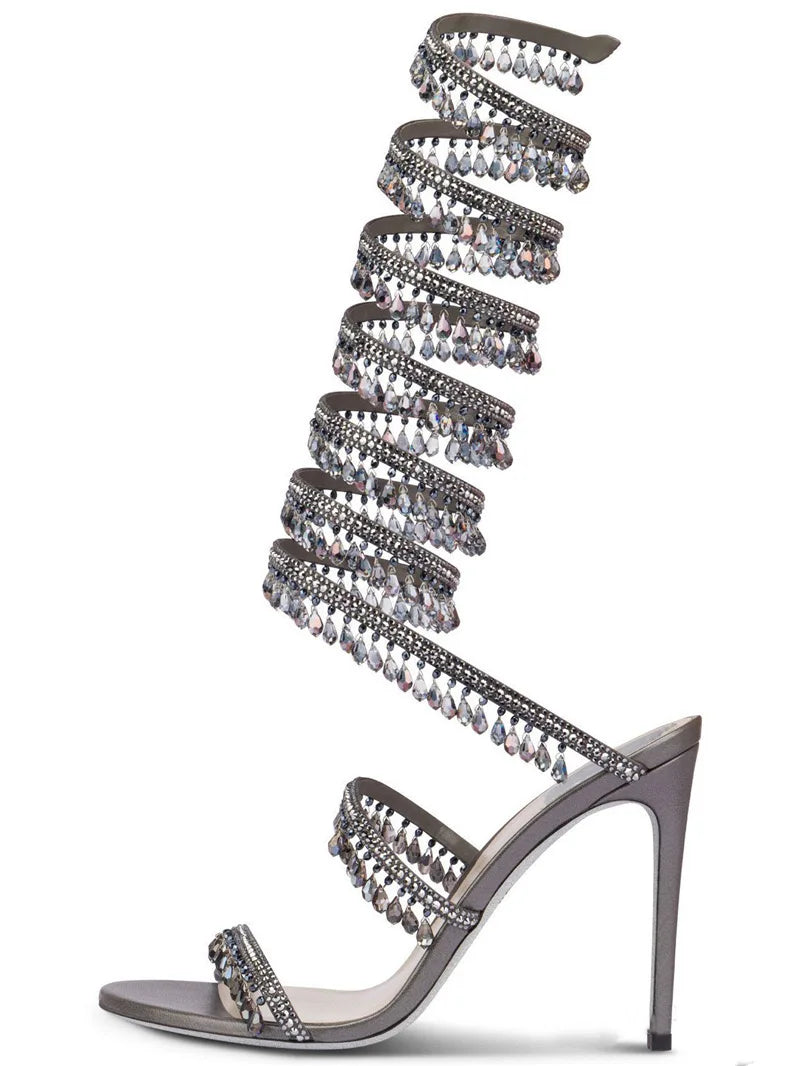 2025 Women's New Rhinestone Sandals Fashion Tassel Crystal Shoes Sexy Nightclub Banquet Party Twining Stiletto Women's Sandals