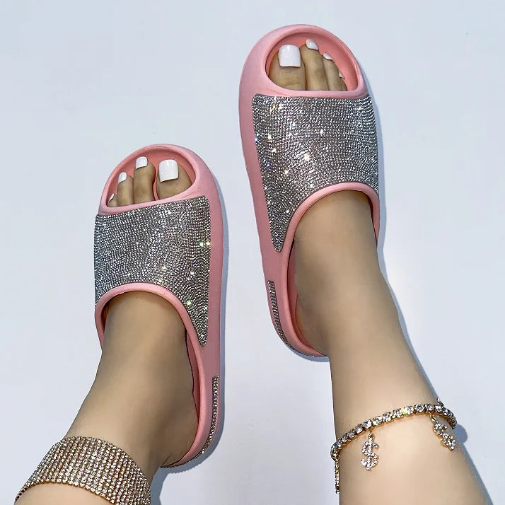 2023 women's/men new women's shoes with diamond face, thin flash thick bottom slippers sandals outdoor beach slippers 36-45