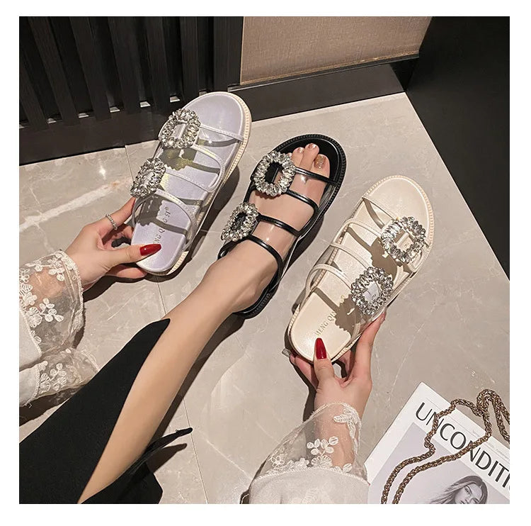 pearl rivets thick bottom women slippers crystal beading flip flops lace band platform sandalias mujer pearl slides big size 43