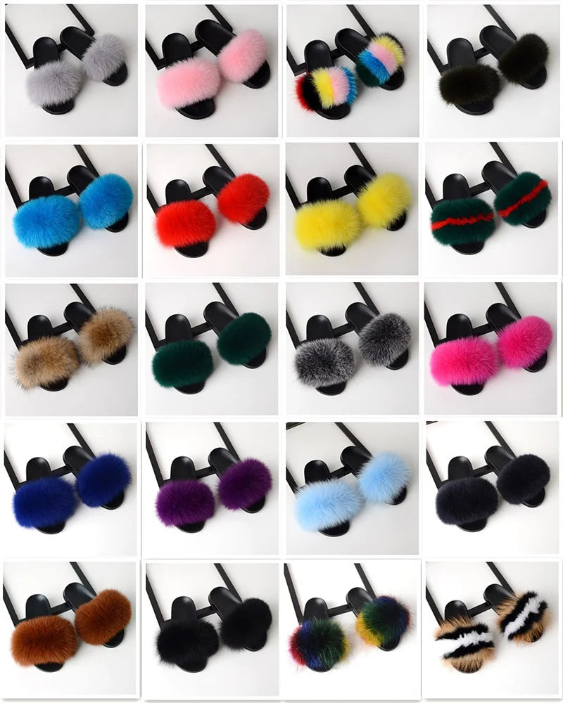 SARSALLYA Fur Slippers Women Real Fox Fur Slides Home Furry Flat Sandals Female Cute Fluffy House Shoes Woman Brand Luxury 2024