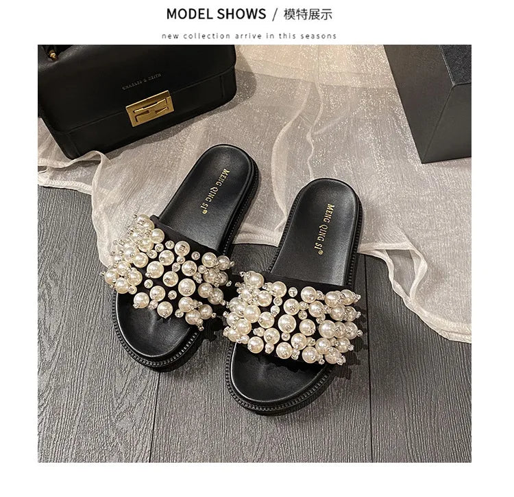 pearl rivets thick bottom women slippers crystal beading flip flops lace band platform sandalias mujer pearl slides big size 43