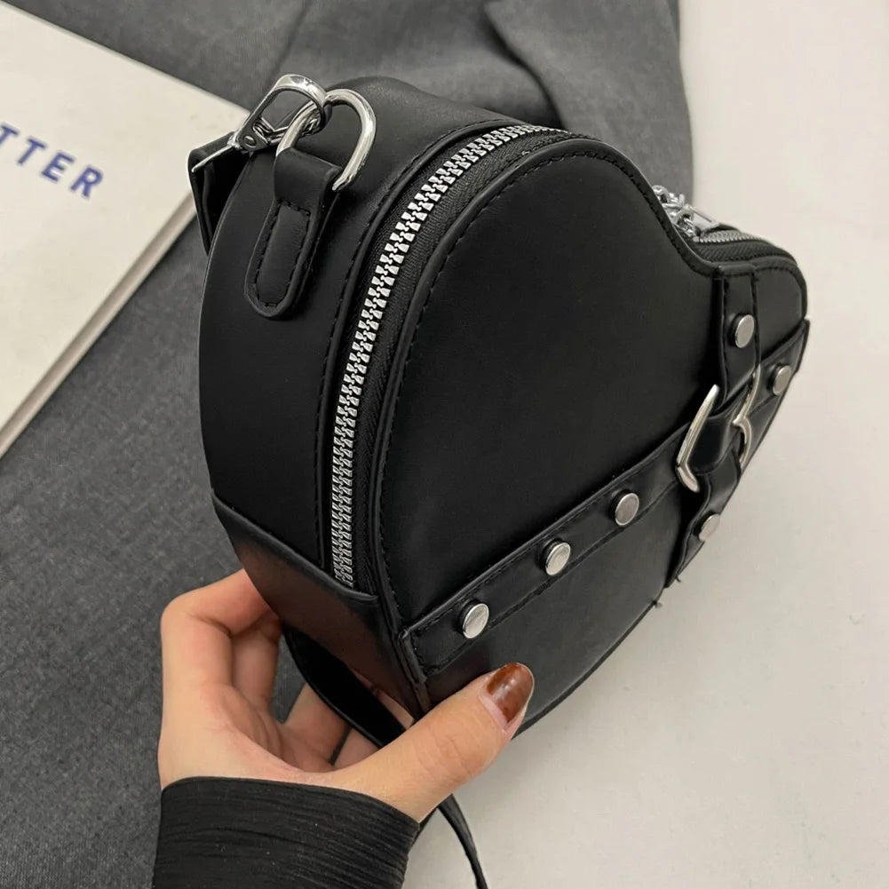 Vintage Y2K Small Chain Rivet Shoulder Bag Heart Shaped Purse Handbag Red PU Leather Gothic Tote Bag Fashion Women Crossbody Bag