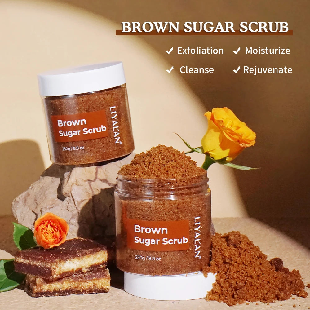 LIYALAN Brown Sugar Body Scrub Skin Exfoliating Deep Cleaning Softens Cuticles Moisturizing Whitening SPA Organic Sugar Scrubs