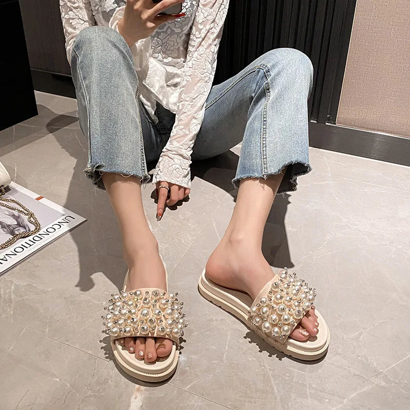pearl rivets thick bottom women slippers crystal beading flip flops lace band platform sandalias mujer pearl slides big size 43