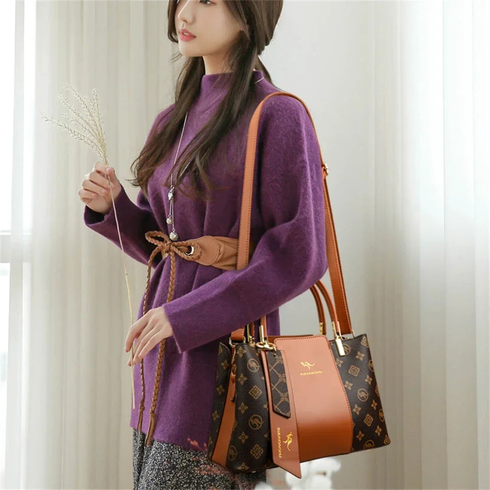 Women Luxury Top-Handle Bags 3 layer Design Fashion Print Handbag High Quality Leather Shoulder Bag Large Capacity Women Handbag