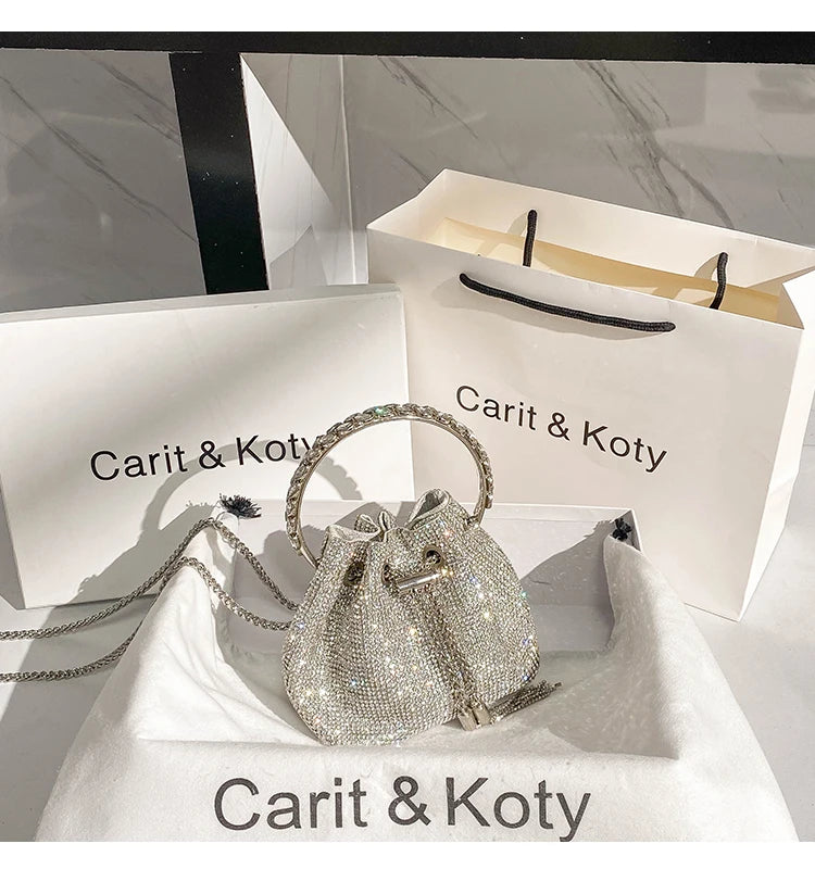 Rhinestones Diamond Evening Clutch Bag Luxury Designer Metal Ring Women's Handbag Wedding Party Bling Bucket Purse Shoulder Bag