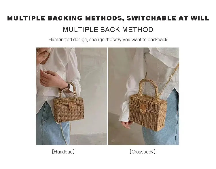 New rattan black straw Shoulder Bag Women hand-woven Messenger Bag Summer Beach Square box Straw Handbag For lady Bolsa Feminina