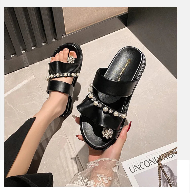 pearl rivets thick bottom women slippers crystal beading flip flops lace band platform sandalias mujer pearl slides big size 43