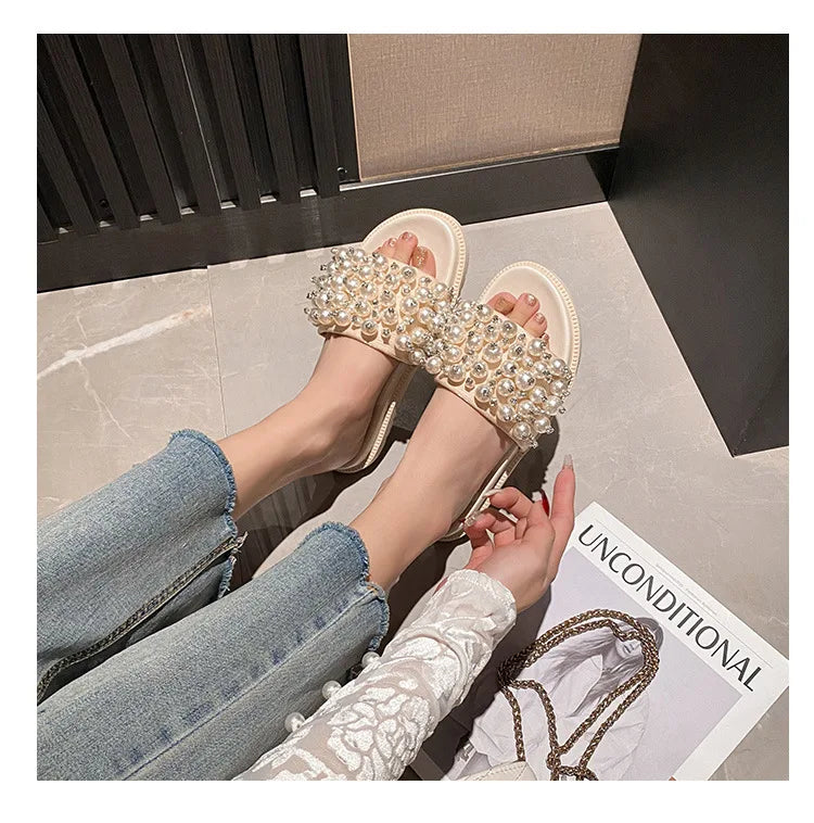 pearl rivets thick bottom women slippers crystal beading flip flops lace band platform sandalias mujer pearl slides big size 43