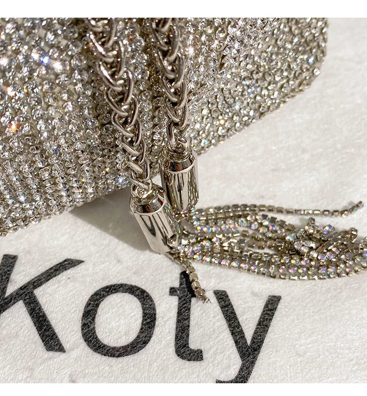 Rhinestones Diamond Evening Clutch Bag Luxury Designer Metal Ring Women's Handbag Wedding Party Bling Bucket Purse Shoulder Bag