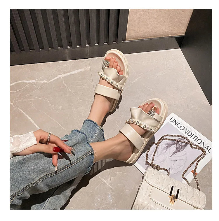 pearl rivets thick bottom women slippers crystal beading flip flops lace band platform sandalias mujer pearl slides big size 43