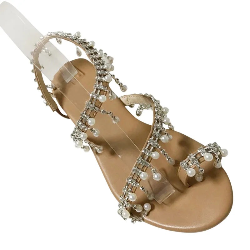 1 Pair Women Beach Sandals Faux Pearl Tassels Flat Dressy Ankle Strap Open Toe Lightweight Women Casual Sandals Shoes