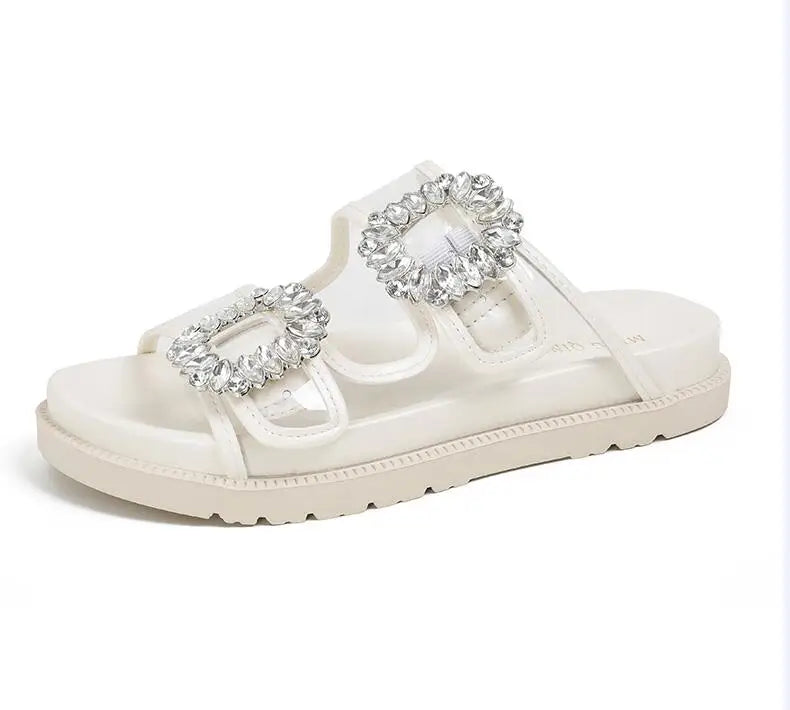 pearl rivets thick bottom women slippers crystal beading flip flops lace band platform sandalias mujer pearl slides big size 43