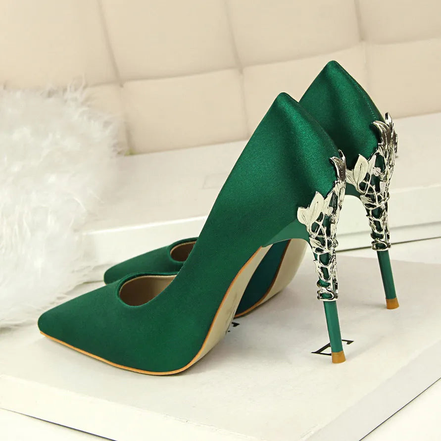 Woman 10cm High Heels Metal Heels Satin Silk Dress Fashion Pumps Lady Wedding Bridal Scarpin Catwalk Orange Green Wine Red Shoes