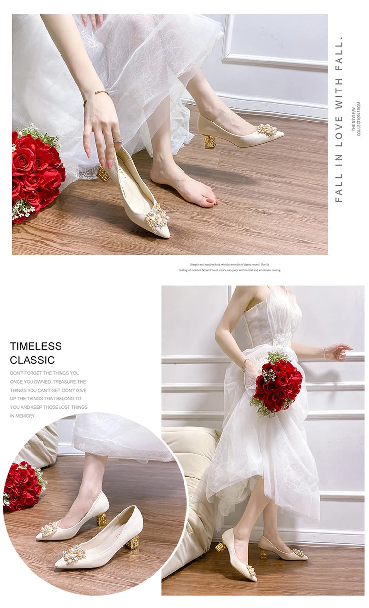 Autumn New Ladies High Heels Pointed Toe Shaped Heel High 5cm and 7cm Wedding Shoes Square Buckle Travel Banquet Shoe High Heels
