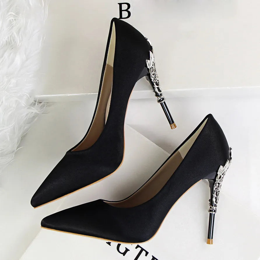 Woman 10cm High Heels Metal Heels Satin Silk Dress Fashion Pumps Lady Wedding Bridal Scarpin Catwalk Orange Green Wine Red Shoes