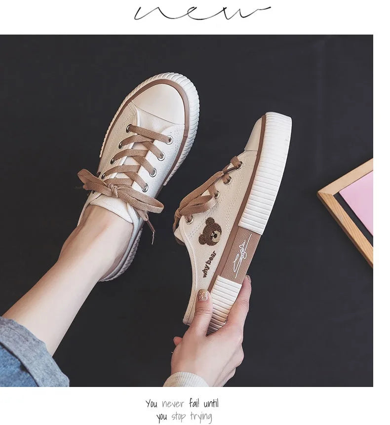 Comemore High-top Canvas Woman Vulcanized Shoes Flats Casual Espadrilles for Women Spring Lady Black White Bear Lace Up Sneakers