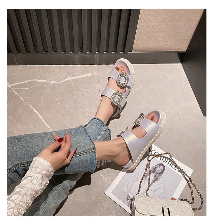 pearl rivets thick bottom women slippers crystal beading flip flops lace band platform sandalias mujer pearl slides big size 43