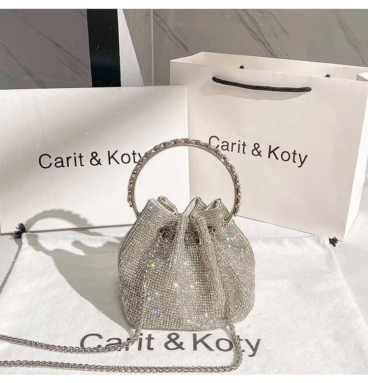 Rhinestones Diamond Evening Clutch Bag Luxury Designer Metal Ring Women's Handbag Wedding Party Bling Bucket Purse Shoulder Bag