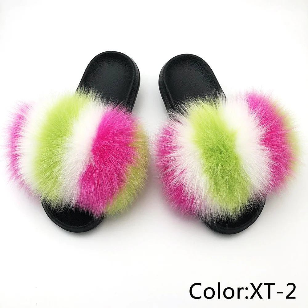 SARSALLYA Fur Slippers Women Real Fox Fur Slides Home Furry Flat Sandals Female Cute Fluffy House Shoes Woman Brand Luxury 2024