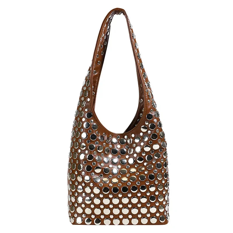 Punk Style Embellished Double-Faced Round Rivet Inlaid Niche Luxury Bucket Bag Chic Lady Underarm Large Capacity Shoulder Bag