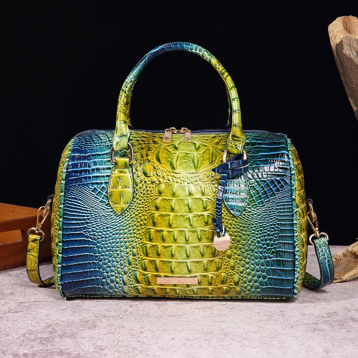 Ombre Crocodile Embossed Boston Handbag Classic Style Crossbody Bag Women's Leather Satchel Purse