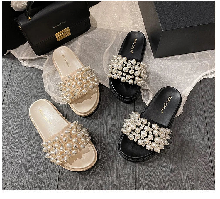 pearl rivets thick bottom women slippers crystal beading flip flops lace band platform sandalias mujer pearl slides big size 43