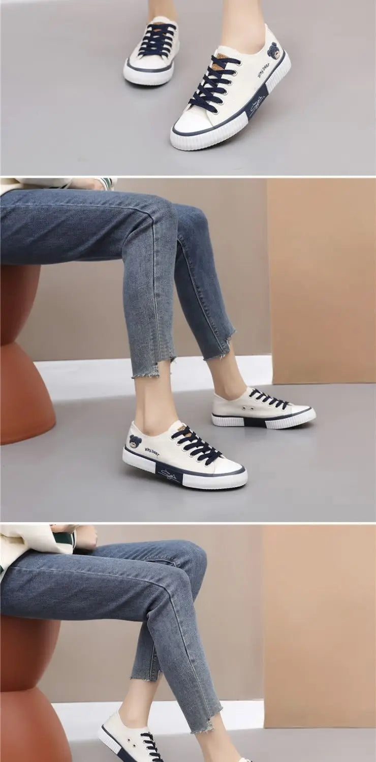 Comemore High-top Canvas Woman Vulcanized Shoes Flats Casual Espadrilles for Women Spring Lady Black White Bear Lace Up Sneakers