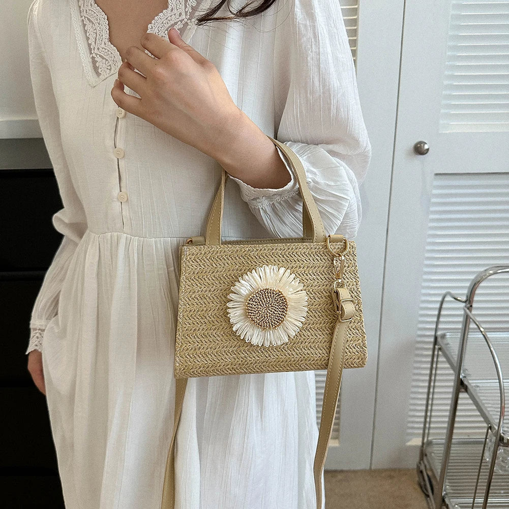 Rattan Woven Women Straw Bag Adjustable Shoulder Bag Handbag Knit Flower Summer Beach Woman Shoulder Messenger Khaki Beige Bags