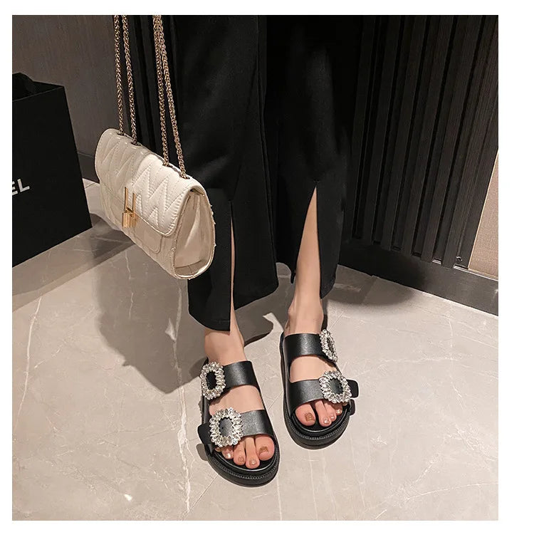 pearl rivets thick bottom women slippers crystal beading flip flops lace band platform sandalias mujer pearl slides big size 43