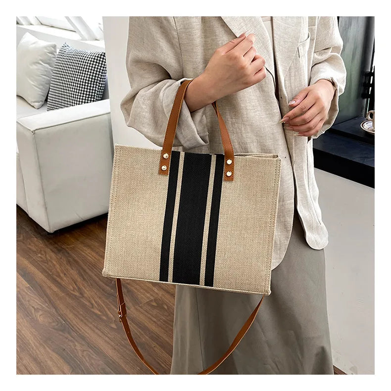 Simple Canvas Stripe Decor Bucket Handbags Women Top Handle Tote Bag Large Capacity Casual Shoulder Crossbody Bags