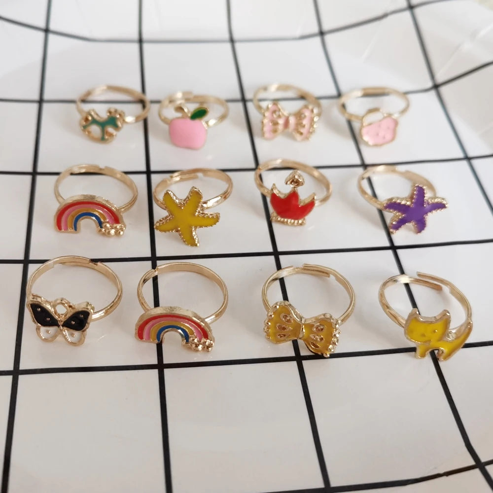 10/12/pc Cute Cartoon Kids Rings Kawaii Korean Children Girls Flower Bow Alloy Enamel Finger Ring Child Jewelry Gift