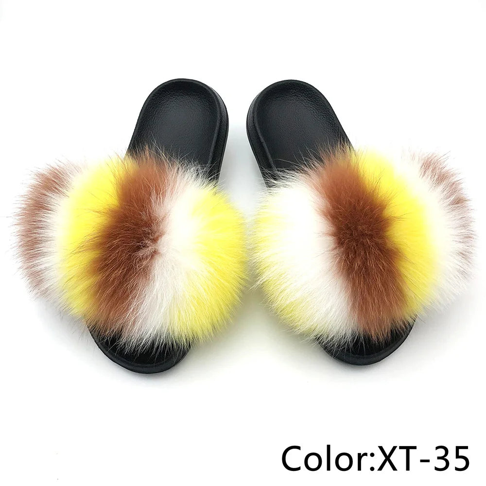 SARSALLYA Fur Slippers Women Real Fox Fur Slides Home Furry Flat Sandals Female Cute Fluffy House Shoes Woman Brand Luxury 2024