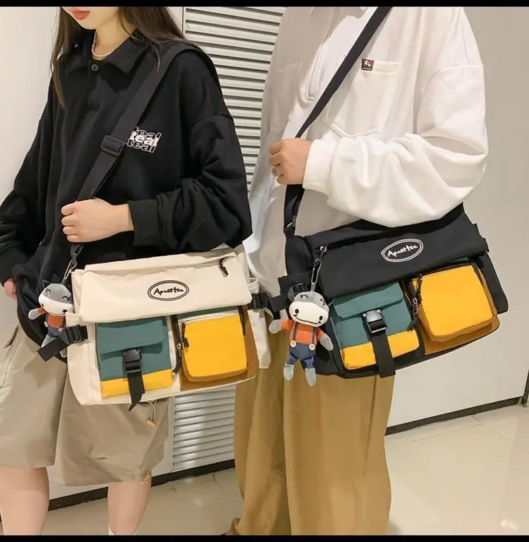 Nylon Crossbody Bags for Women Men Fashion Canvas Handbags Shoulder Bag Students School Book Messenger Bag with Mutiple Pockets