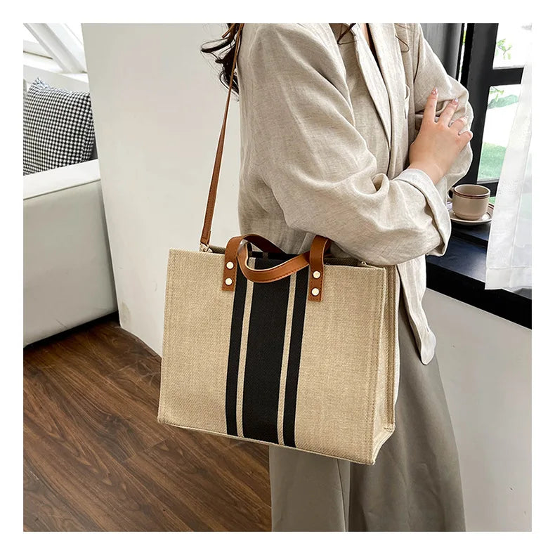 Simple Canvas Stripe Decor Bucket Handbags Women Top Handle Tote Bag Large Capacity Casual Shoulder Crossbody Bags