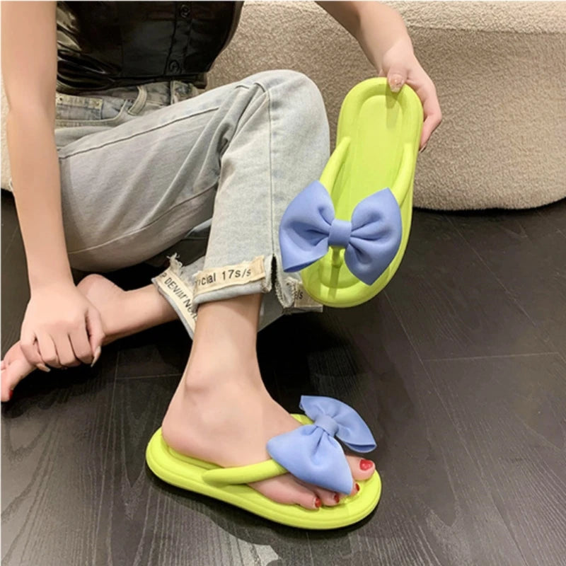 Cute Women's Summer Slippers Girls Outdoor Anti-slip Slides Adults Indoor Waterproof Sandals Couples Sweet Bow Tie Flip Flops