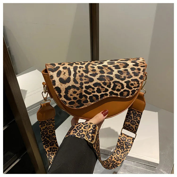 Wide Strap Leopard Print Crossbody Bags For Women, Fashion Designer Shoulder Bag For Daily Used, Versatile Ladies Handbags