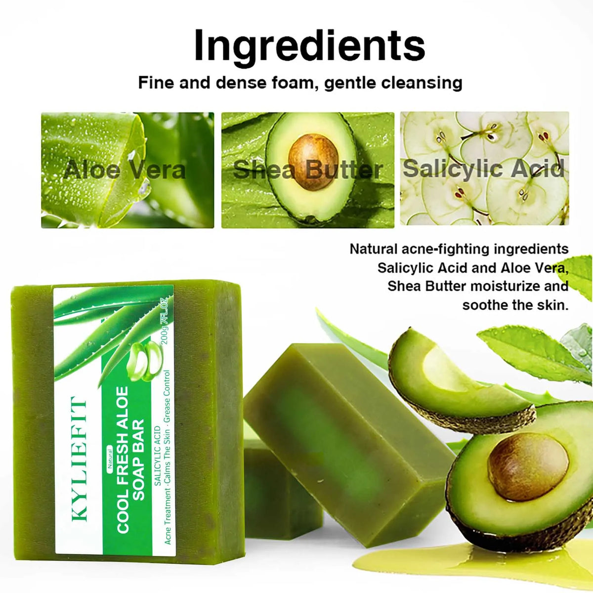 KYLIEFIT Cool Fresh Aloe Soap Bar، علاج حب الشباب، يهدئ البشرة، التحكم في الزيوت، تنظيف عميق، مع حمض الساليسيليك، للوجه والجسم