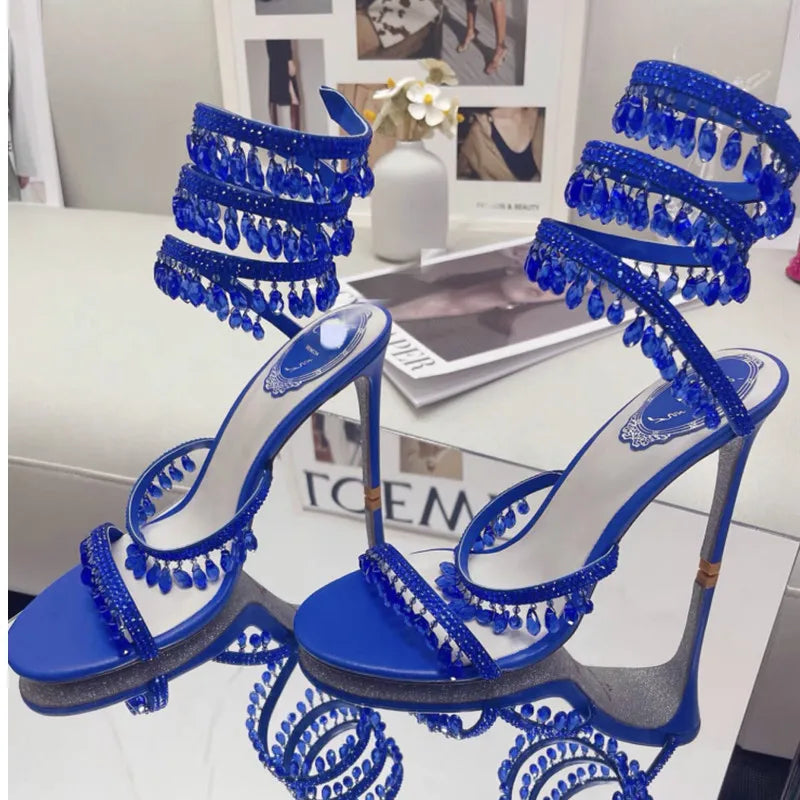 2025 Women's New Rhinestone Sandals Fashion Tassel Crystal Shoes Sexy Nightclub Banquet Party Twining Stiletto Women's Sandals