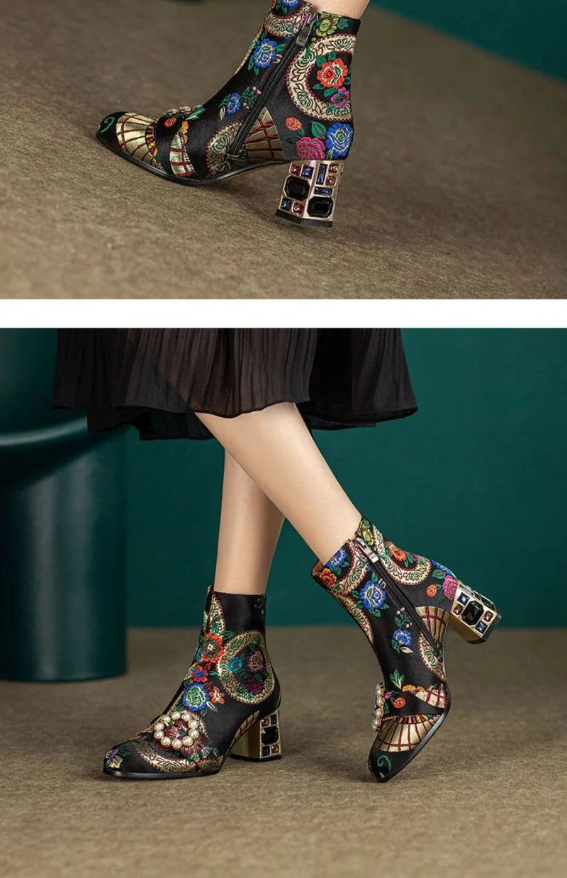 FHC New Chinese Style Women Ankle Boots,Fashion Embroidery Winter Shoes,High Heels Short Botas,Pointed Toe,Black,Yellow,Dropship