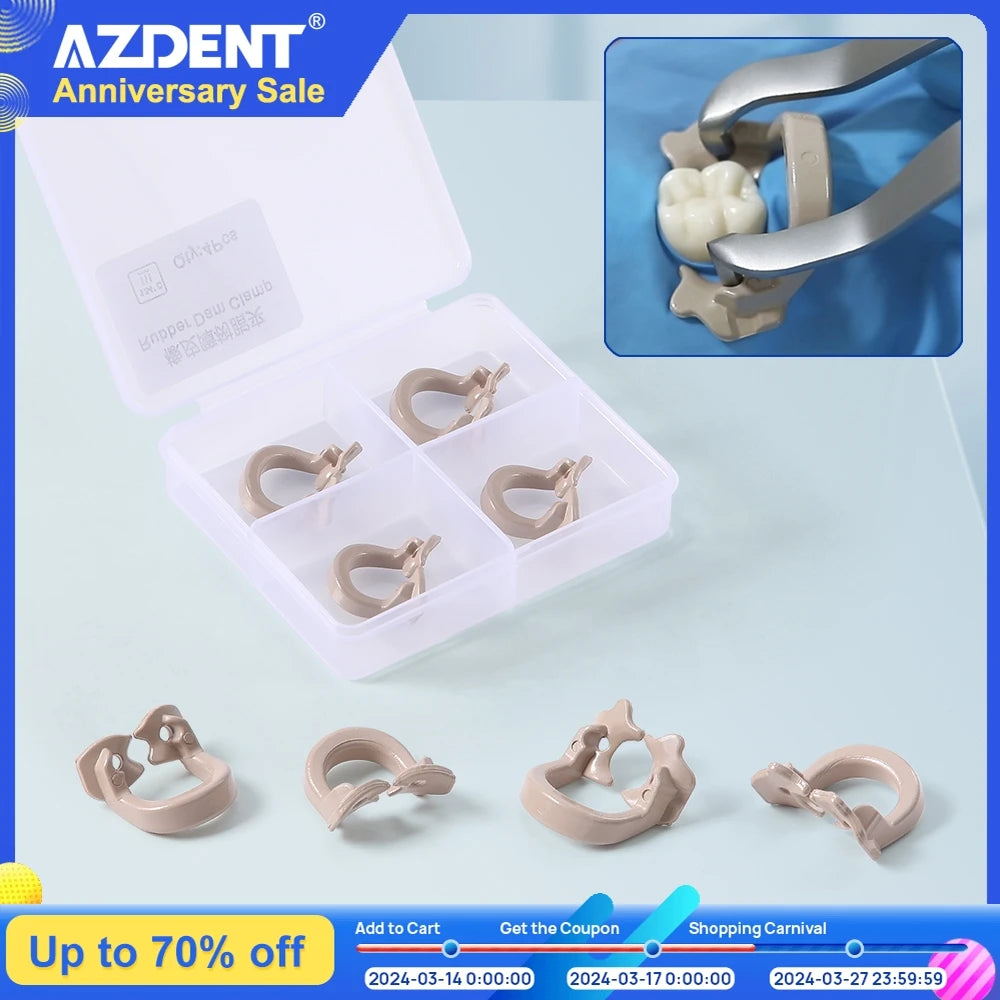 AZDENT 4PCS Dental Rubber Dam Clamps Dam Rubber Barrier Clip Resin Materials Autoclavable 134℃ Dentist Tools Dental Lab Tool