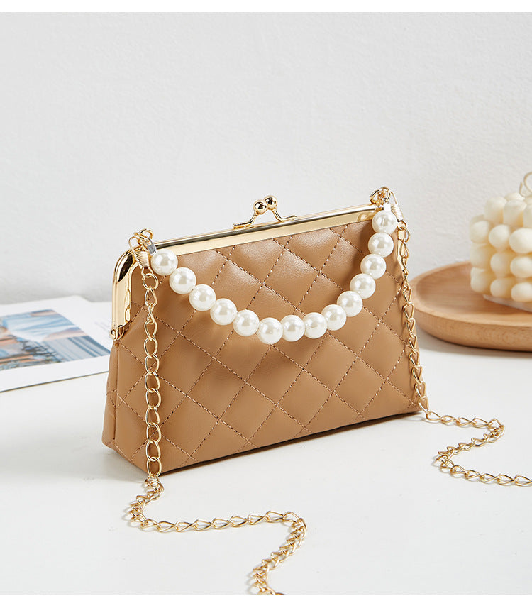 New Fashion Versatile Lingge Embroidery Clip Chain Strap Crossbody Mobile Phone Bag Pearl Handheld Women's Bag