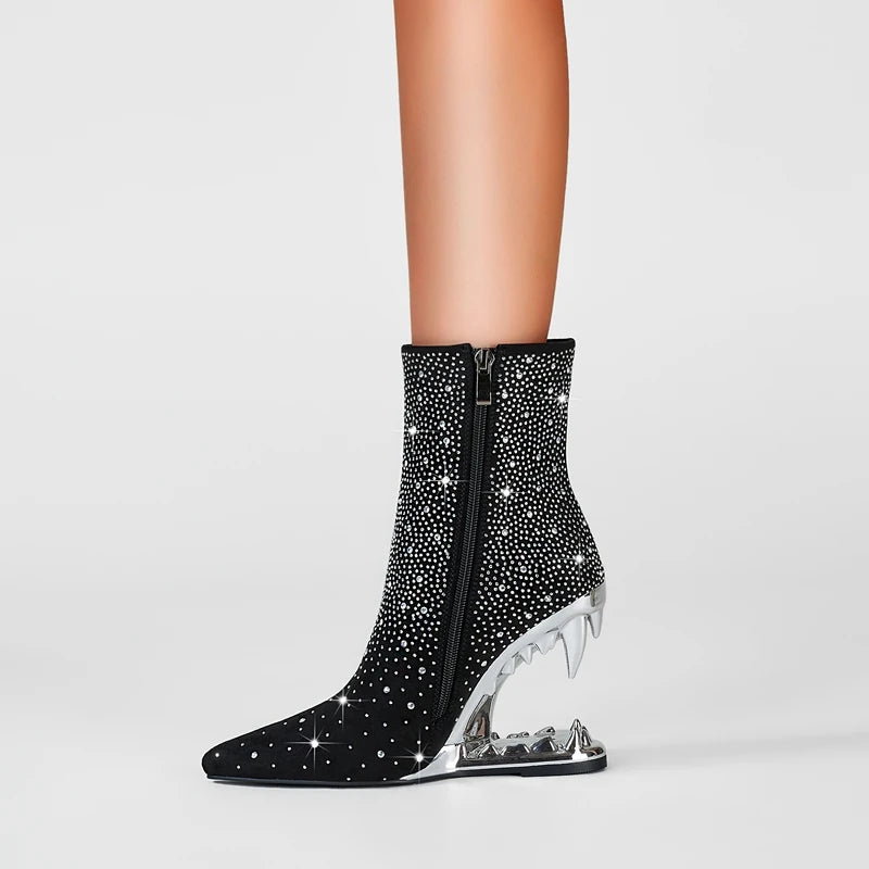 Kakay's New Water Diamond Super High Heel Wolf Teeth Tiger Teeth Shaped Heel Women's Short Boots Women's Boots