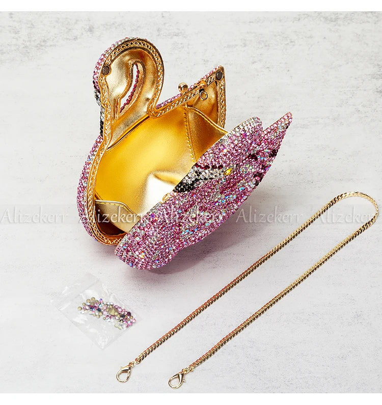 Alizekerr Swan Shaped Diamond Evening Bags New Gorgeous Sparkling Rhinestone Metallic Clutch Purses And Handbags Wedding Party