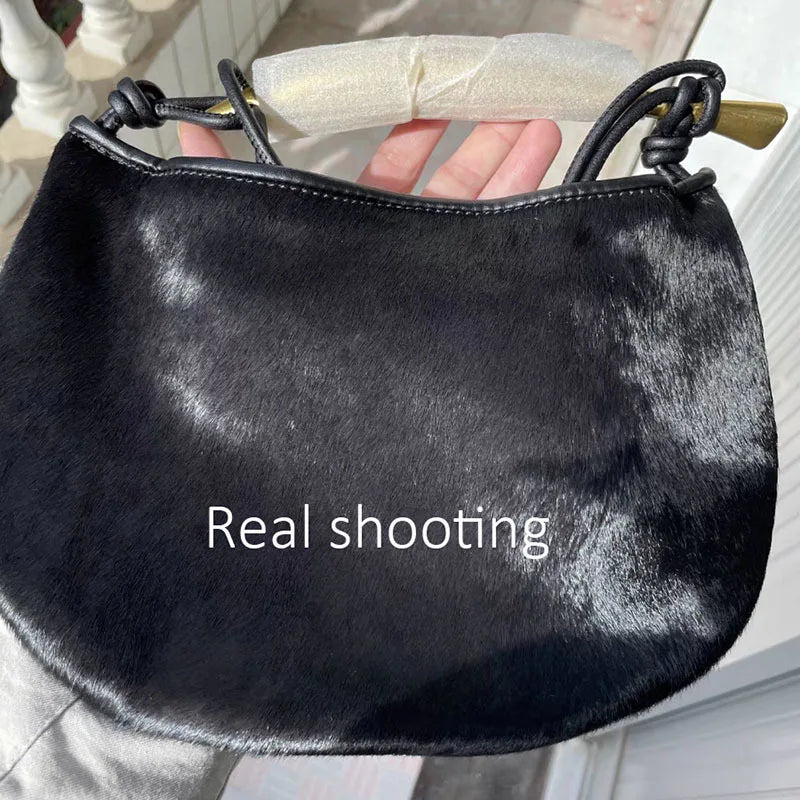 Genuine Horsehide Shoulder Bag Cows Pattern Detachable Strap