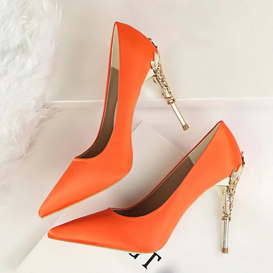Woman 10cm High Heels Metal Heels Satin Silk Dress Fashion Pumps Lady Wedding Bridal Scarpin Catwalk Orange Green Wine Red Shoes